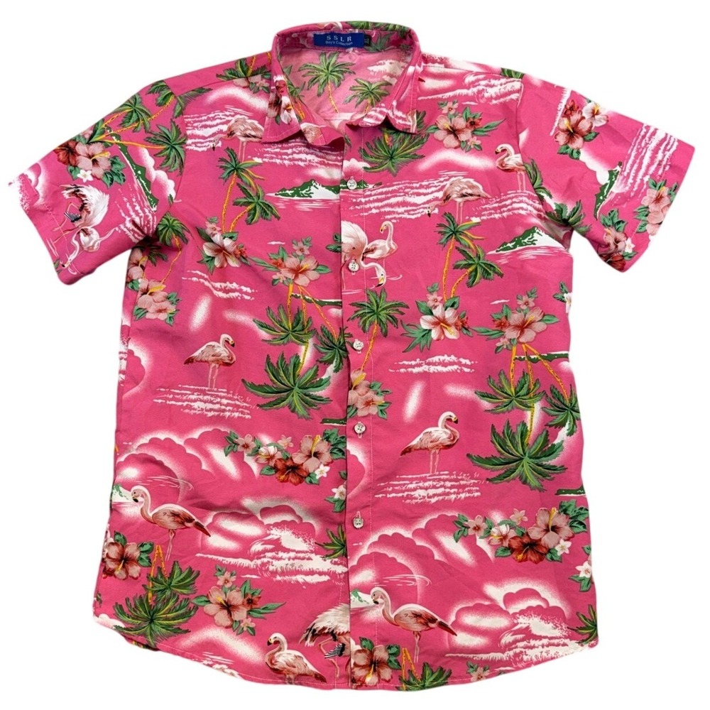 SSLR‎ Boys XL Pink Flamingo Tropical Hawaiian Short Sleeve Button Down Shirt